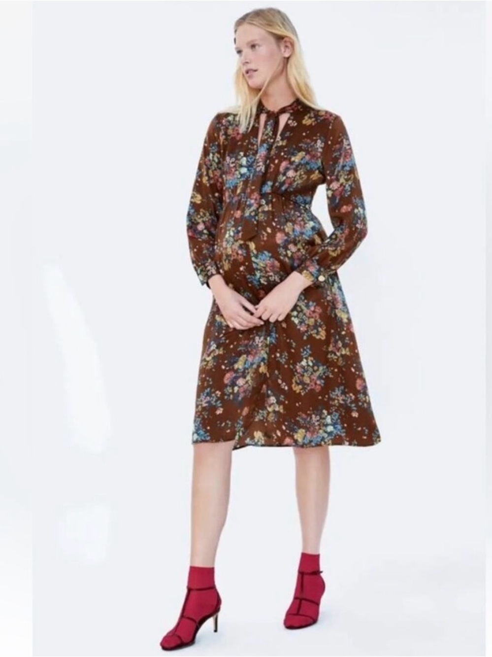 Zara Basic Floral Brown Midi Dress with Tie Neck size S